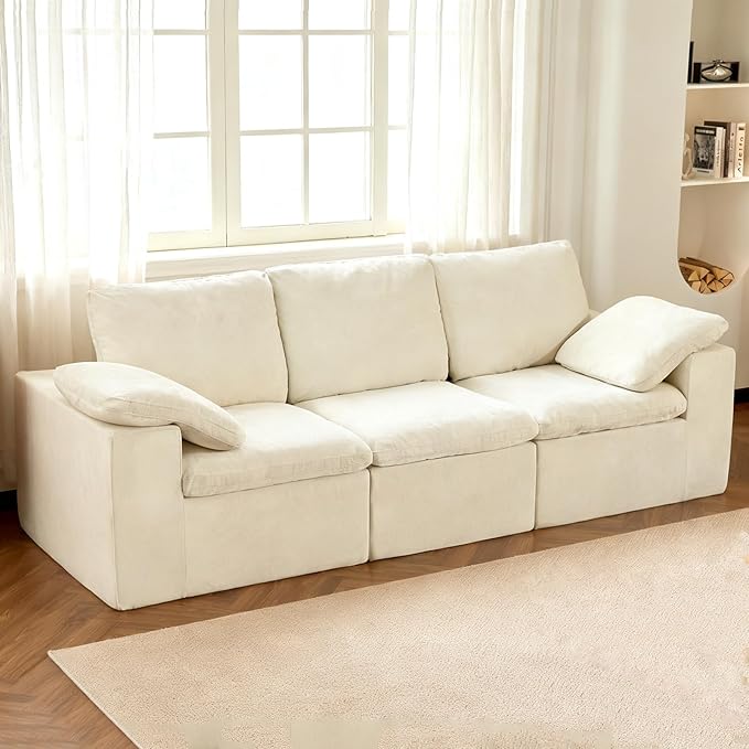 ANONER 108" Cloud-Like Modular Sectional Sofa, Deep Seat with Soft Pillow, 3 Seater Boneless Couch and Breathable Chenille Fabric, Beige