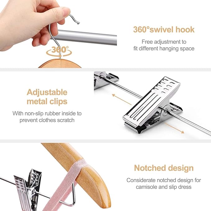 HOUSE DAY 12 Pack High-Grade Wooden Suit Hangers Skirt Hangers with Clips Solid Wood Pants Hanger Natural Smooth Finish Premium Wood Hanger with Durable Metal Clips for Blouse, Dress, Coat, Jacket