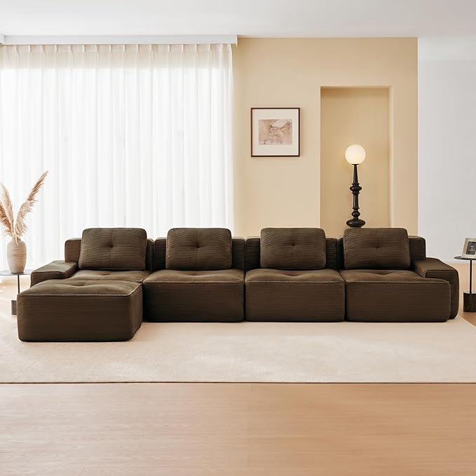 150" Modern Compressed Boneless Couch with Ottoman, 4 Seater Large L Shaped Sectional Couches for Living Room, Brown Corduroy Cloud Modular Sectional Sofa, Memory Foam, Extra Deep, No Assembly