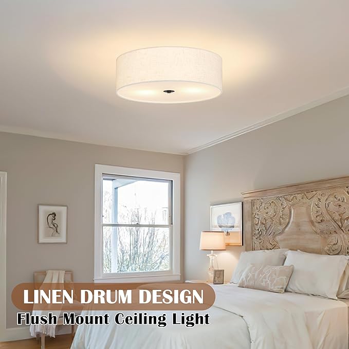 15.7 Inch 3-Light Drum Modern Black Ceiling Light Fixture Flush Mount Ceiling Light Fixture Dimmable Close to Ceiling Light Fixture with Fabric Shade for Living Room Hallway Entryway Bedroom