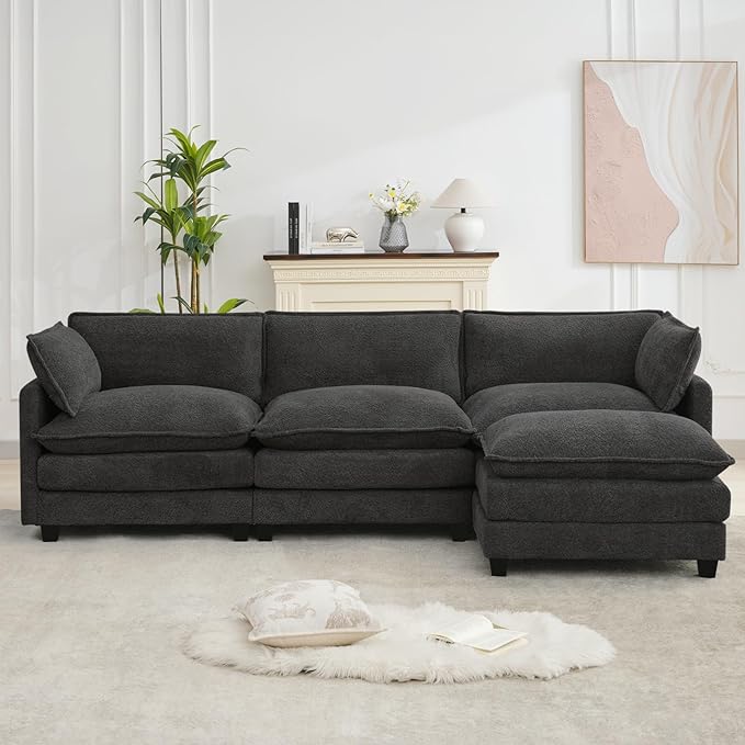 ROWHY Oversized Modular Sectional Couch with Movable Ottoman, 112" Modern Convertible L Shaped Sofa Set, 4 Seat Comfy Cloud Couch with 2 Throw Pillows, for Living Room, Chenille, Charcoal Grey