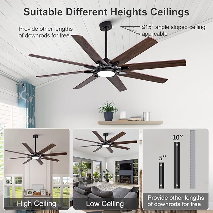 BOOMJOY 72 Inch Large Ceiling Fans with Lights, Black Ceiling Fan with Remote and Quiet Reversible DC Motor, Indoor/Outdoor Modern Ceiling Fan with Light for Living Room, Bedroom, Big Farmhouse