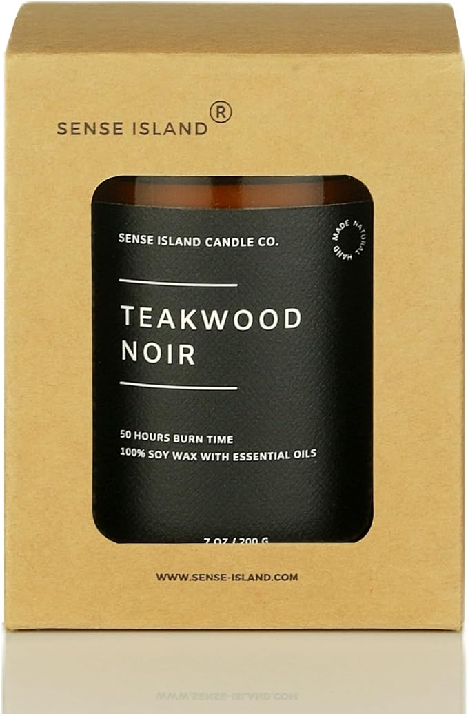 Teakwood Noir Mahogany Crackling Wood Wick Candle for Men – Strong Masculine Scent, 100% Soy, 50-Hour Burn – Luxury Scented Candle with Crackling Wooden Wick for Home, Office, Gifts