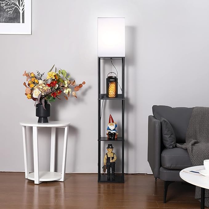 2 Packs Floor Lamp w. Shelves Including 2AC Outlets & 2USB Ports 9W LED Light Bulb 3 Color Temperature Soft/Cool/Daylight White w. 1PC 2 Prong to 3 Prong Adapter for Living Room/Bedroom