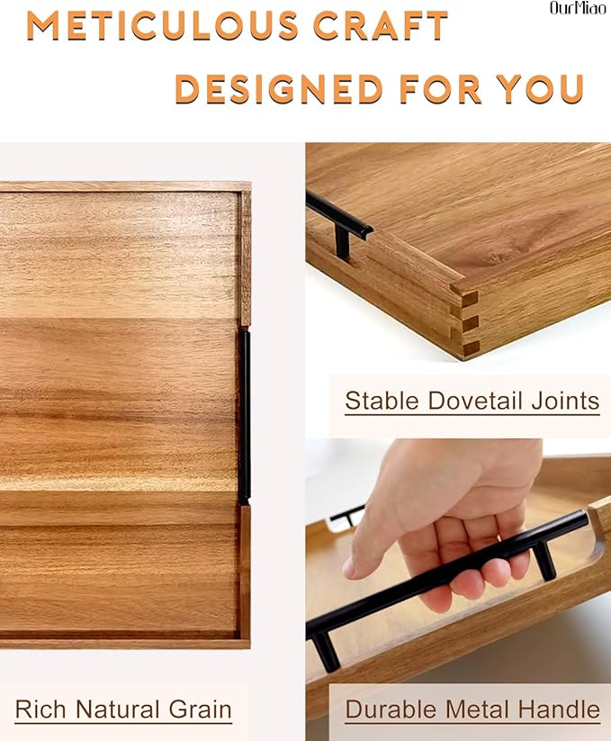 22 Inch Square Acacia Wood Ottoman Tray, Extra Large Wooden Serving Tray with Metal Handles – Spacious & Durable for Living Room, Coffee Table, Kitchen, Food Serving & Hosting