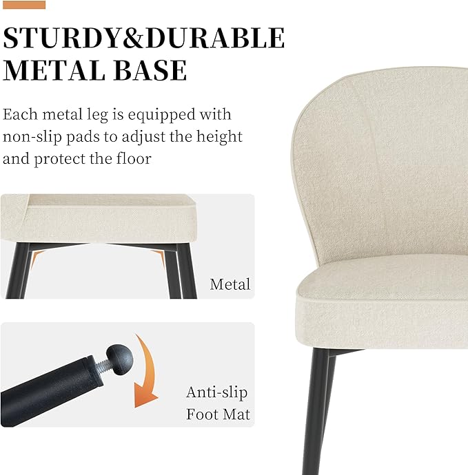 Dining Chairs Set of 2, Modern Fabric Dining Room Chairs with Curved Backrest Well-Padded Seat, Upholstered Kitchen Chairs for Living Dining Room, White