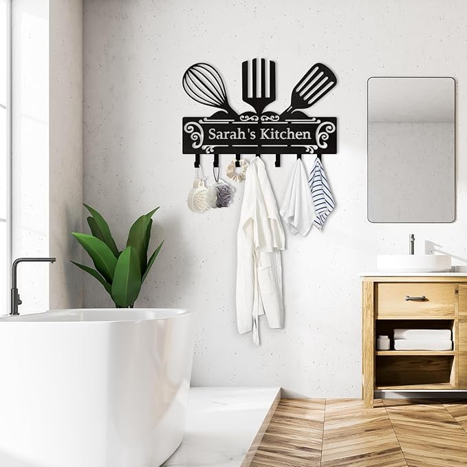 Personalized Metal Key Holder Wall Mount, Custom Kitchen Theme Key Hanger Organizer, Kitchen Hooks for Utensils, Home Decor for Dining Room Restaurant Entryway Office, Housewarming Gifts Color08