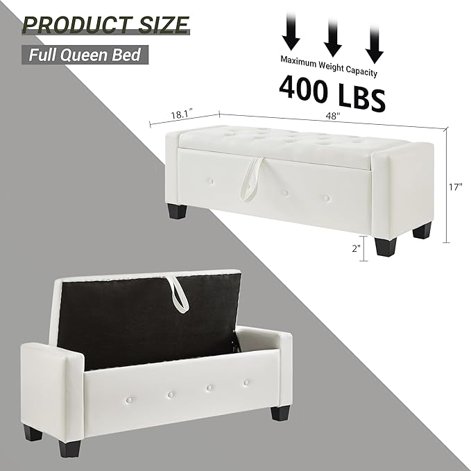 48" Faux Leather Ottoman with Storage, Tufted Storage Ottoman Bench with Safety Hinge, Rectangular Extra Long Bench for Bedroom, Living Room, Entryway and Window, White