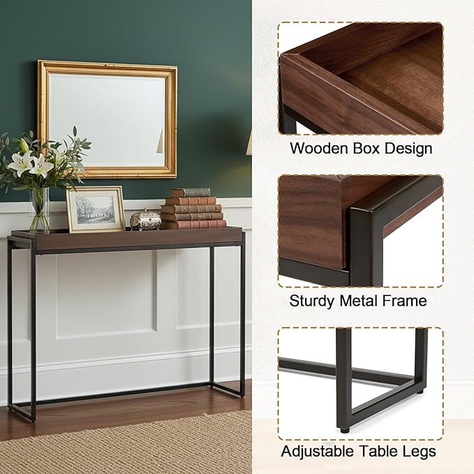 Narrow Console Table Solid Wood, Slim Entryway Table with Storage Groove, Farmhouse Small Sofa Table Behind Couch for Hallway, Living Room, Foyer(Brown 9.8" W,23.6" Lx31.5 H)