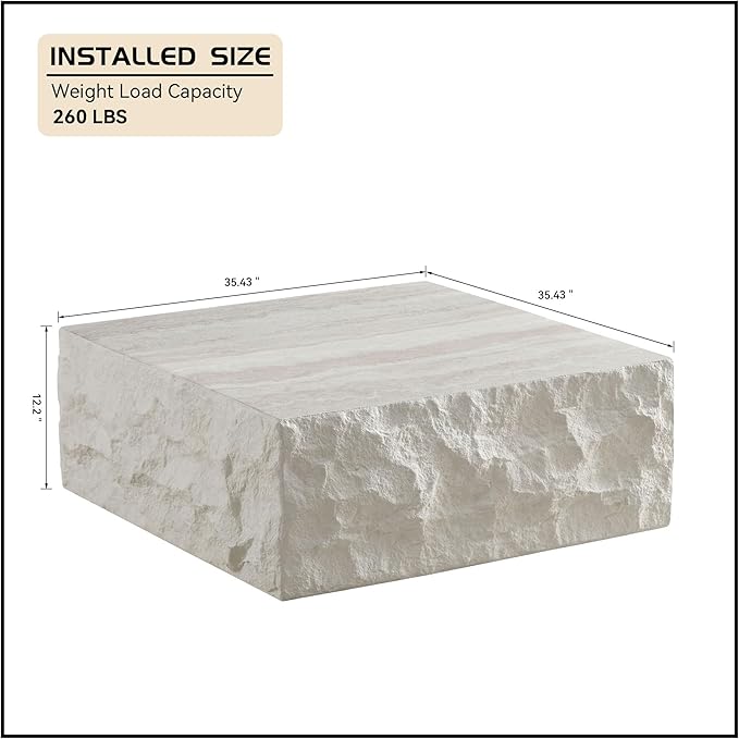Square Coffee Table, 35.43" Imitation Stone Coffee Table Fiberglass Side Accent End Unique Center Table for Living Room Bedroom Apartment Office, Beige