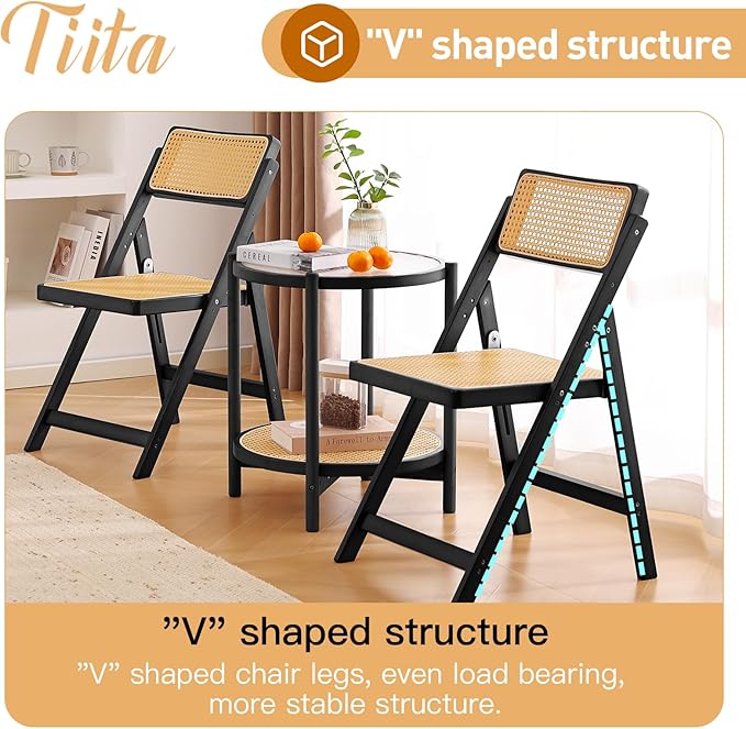 Tiita Rattan Dining Chairs Set of 2, Mid Century Modern Folding Chair, Bamboo Folding Dining Chairs for Small Space, Dining Room, Living Room, Bedroom, Black