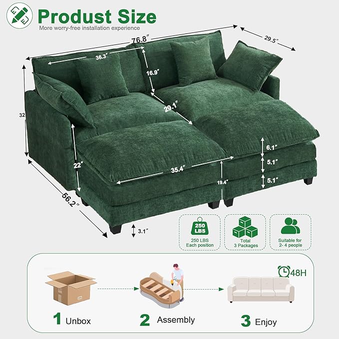 Cloud Chenille Sectional Sofa with 2 Ottoman｜Modular Couch｜FSC Solid Wood Frame｜29.1" Deep Seat｜Easy Assembly & 1YR Guarantee (Green, 77 Inch（U）)
