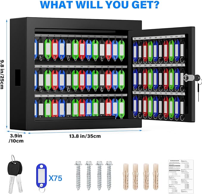75 Keys Key Lock Box, Anti-Theft Key Cabinet with Key Tags, Key Organizer Wall Mount for Car Garage House Rental Office Business