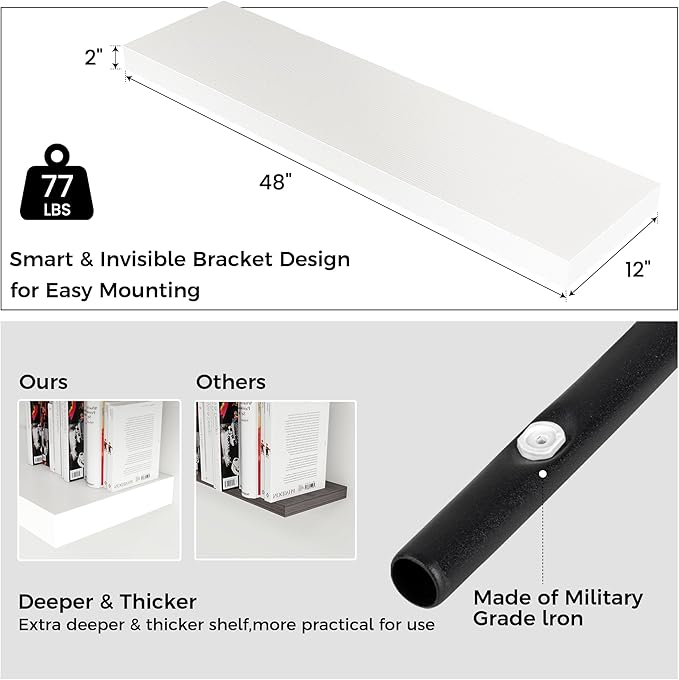 Floating Shelves for Wall, 48 Inch Wide x 12 Inch Deep Floating Shelves, Long Wood Floating Wall Shelf Shelves for Living Room Bathroom Bedroom Kitchen Home - (White, 48" W x 12" D x 2" H)