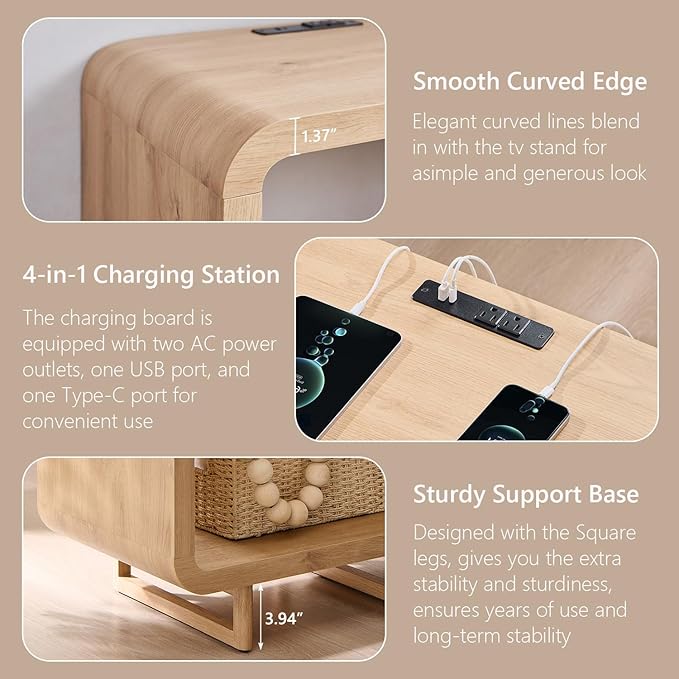 23.6" Modern End Table Set of 2, 2 Tier Side Table with Charging Station, Simple Bedside Table with Open Storage Shelf, Outlet, Wooden Nightstand for Bedroom, Living Room, Study, Natural Oak