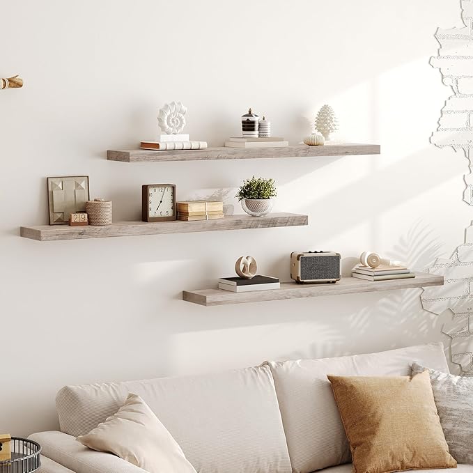 Floating Shelves for Wall, 1.5" Thick Wall Shelf Set of 3 with Invisible Brackets, L47.2 x W7.9 Hanging Book Shelves Farmhouse Home Decor for Bathroom, Living Room, Bedroom, Greige 12301BJP3BG