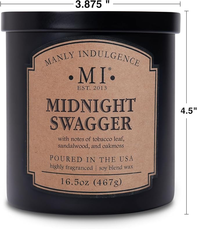 Manly Indulgence Midnight Swagger Scented Candles for Men, 2 Wick, 16.5 oz, Premium Soy Blend Wax, 60H Burn, Candles for Home Scented - Made in The USA