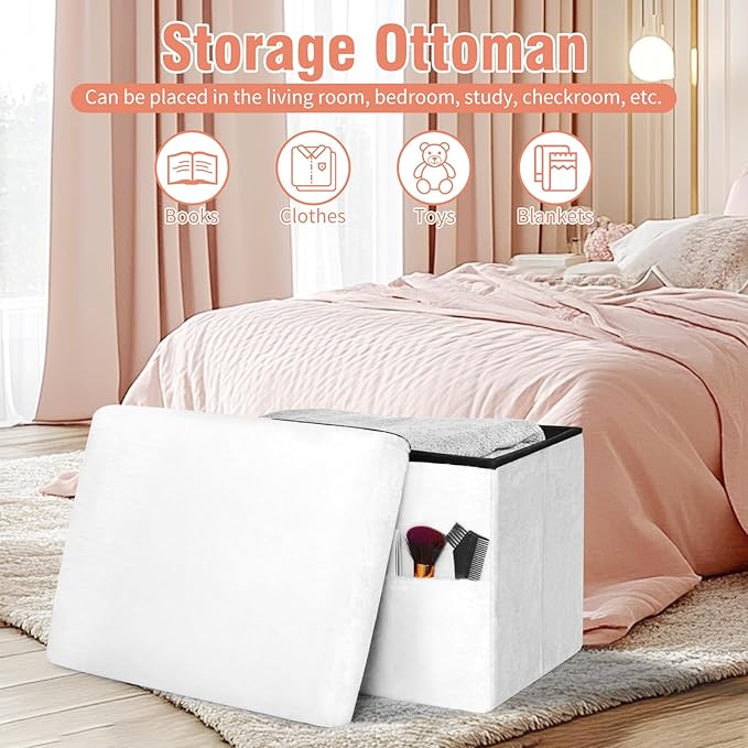 Storage Ottoman Cube, Small Ottoman with Storage with Thicker Furry Padded Seat. Folding Soft Fur Foot Rest Stool for Living Room Bedroom, Holds Up to 300 lbs, 17x13x13IN (White)