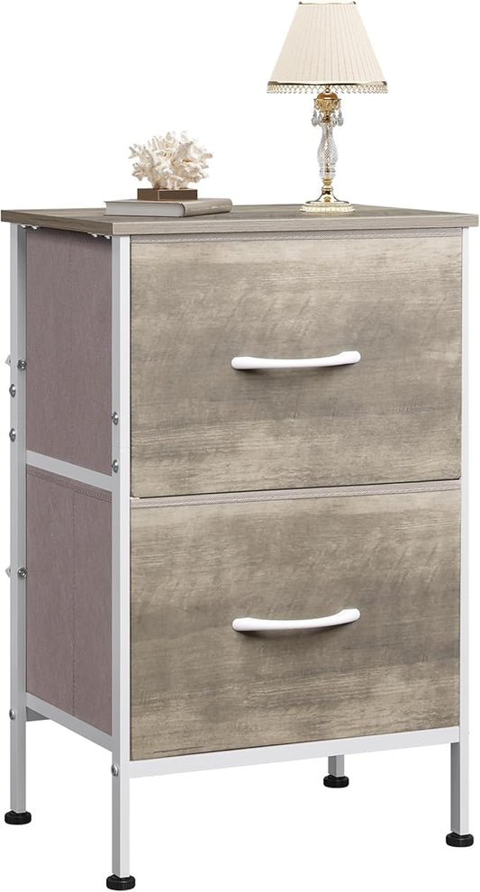 WLIVE Night Stand, Greige Nightstand with 2 Fabric Drawers, Small Dresser for Bedroom, Bedside Table End Table with Storage Drawer, College Dorm, Dormitory, Greige Oak, Size L