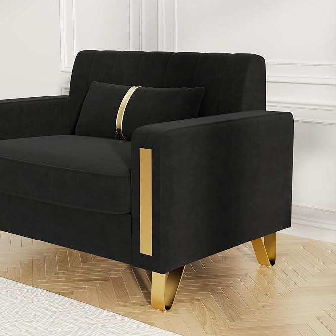 Couch 85.62" 3 Seats Sectional Velvet Fabric Sofa Easy Assemble Sofa Bed with 2 Couch Pillows,Gold Metal Legs for Living Room (P17, Black（3+1+1）)