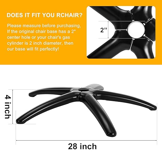 Frassie 28 Inch Office Gaming Chair Metal Base Replacement Part with 5 Wheels, Heavy Duty 2600 Lbs Wide Chair Legs Computer Desk Chair Base (Black)