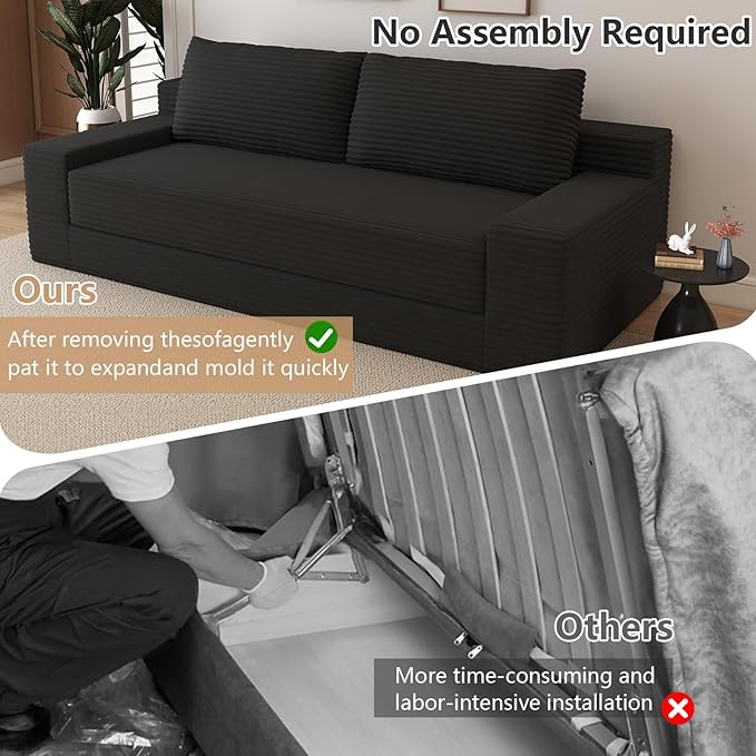 Cloud Loveseat Sofa, Modern Corduroy 2-Seater Couch with Deep Seat, No Assembly Required Memory Foam Sofa, Boneless Sofa in a Box for Bedroom, Apartment, Office,Small Space (Black,70.87in)