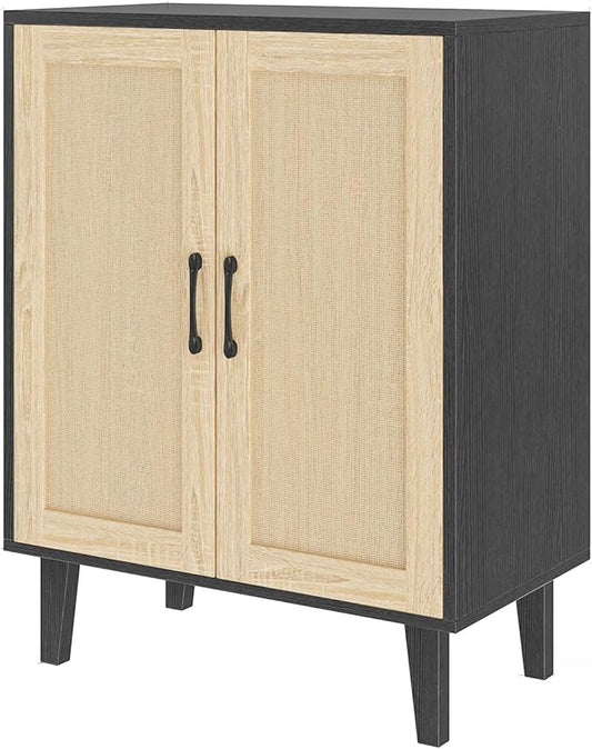 Panana Buffet Cabinet Sideboard with Rattan Decorated Doors Kitchen Storage Cupboard Accent Cabinet (Black)