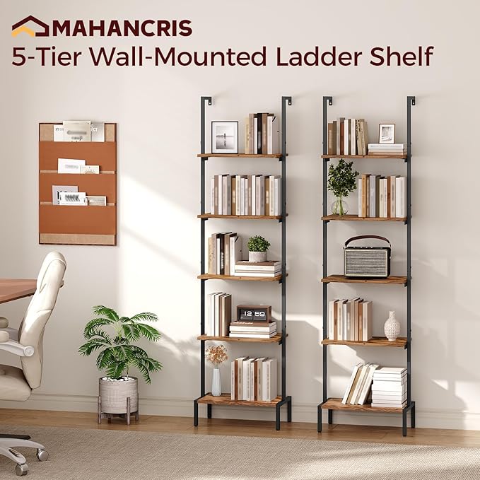 Ladder Shelf, 5-Tier Bookshelf, Ladder Bookcase with Wall Mount, Heavy Duty Industrial Style Storage Rack for Living Room, Office, Kitchen, Bedroom, Rustic Brown and Black LSHR5501