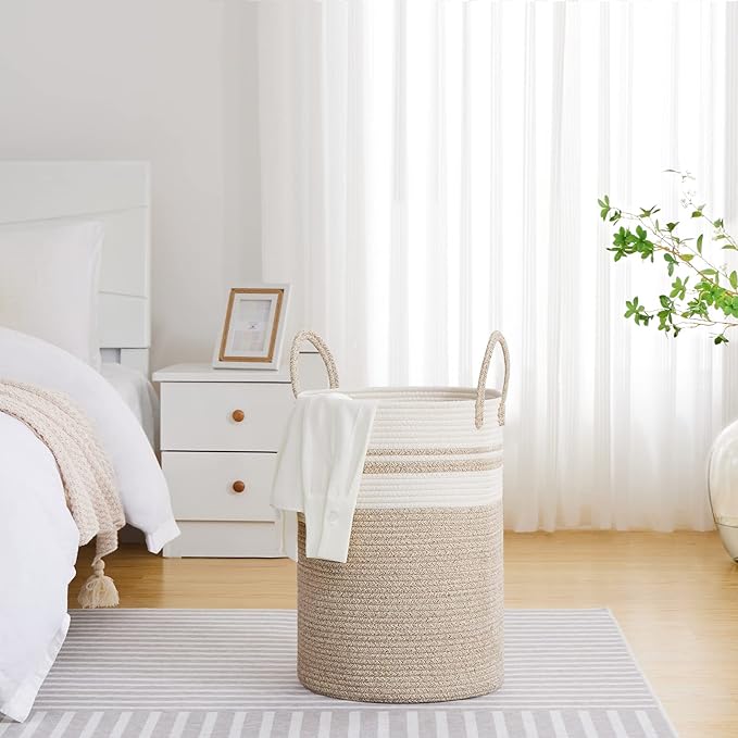 VIPOSCO Large Laundry Hamper, Tall Woven Rope Storage Basket for Blanket, Toys, Dirty Clothes in Living Room, Bathroom, Bedroom - 72L Brown & White