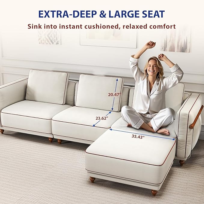 121.25" Modular Luxury Cloud Sectional Sofa with Ottoman, 70% Down-Filled Cushions, Removable Washable Ultra-Soft Linen Cover, Extra-Deep Seating, Solid Wood Armrests for Living Room