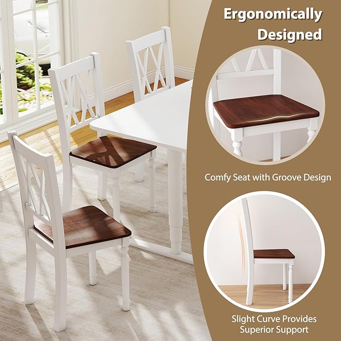POWERSTONE Wooden Dining Chairs Set of 4, Farmhouse Kitchen Chair with High Backrest, 360 lbs Armless Dinette Seat for Kitchen, Dining Room, Living Room, White and Walnut