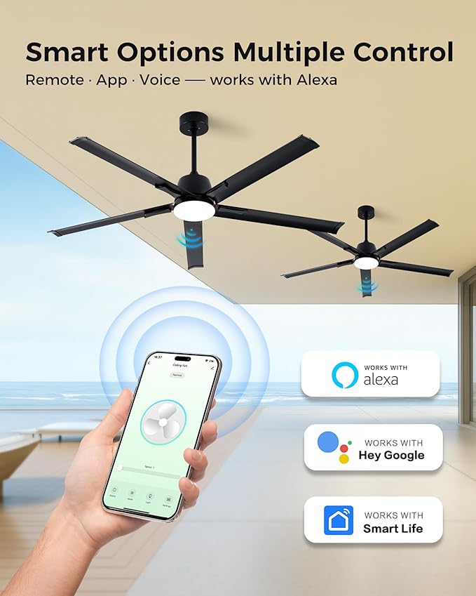 62 Inch Black Aluminum Ceiling Fan with Light,Smart ceiling fan with Alexa and APP(via WIFI),6 Speed,3CCT,Quiet DC Outdoor Indoor fan for patio and Living Room