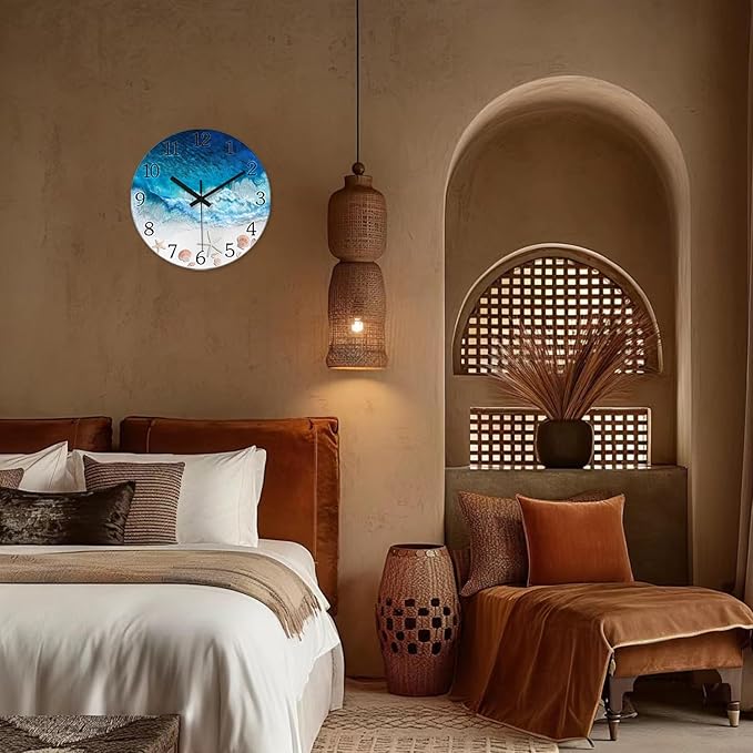 XNM Round Beach Battery Operated Wall Clock Decorative 14 Inch Bedroom Clock Analog Blue Coastal Wall Clock Silent