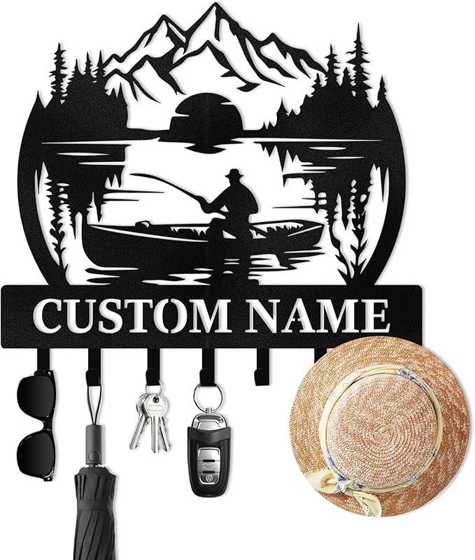 Personalised Fishing Key Holder for Wall, Key Holder Wall Mount, Lake Fishing Decor, Decorative Key Rack Coat Hooks for Bathroom Entryway Kitchen Doorway, Gifts for Fishermen
