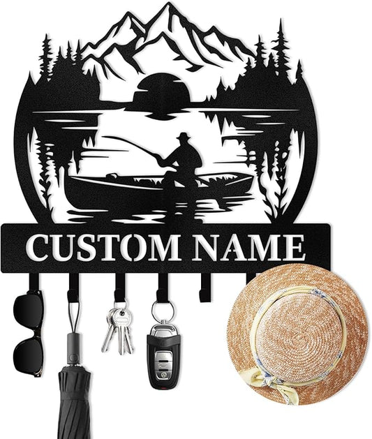 Personalised Fishing Key Holder for Wall, Key Holder Wall Mount, Lake Fishing Decor, Decorative Key Rack Coat Hooks for Bathroom Entryway Kitchen Doorway, Gifts for Fishermen
