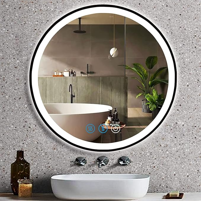 20 Inch Black Round Lighted Vanity Mirror with Lights Black Frame Round LED Mirror for Bathroom Wall 3 Color Adjustable Brightness Anti-Fog 20" Bathroom Black Framed Circle LED Smart Mirrors