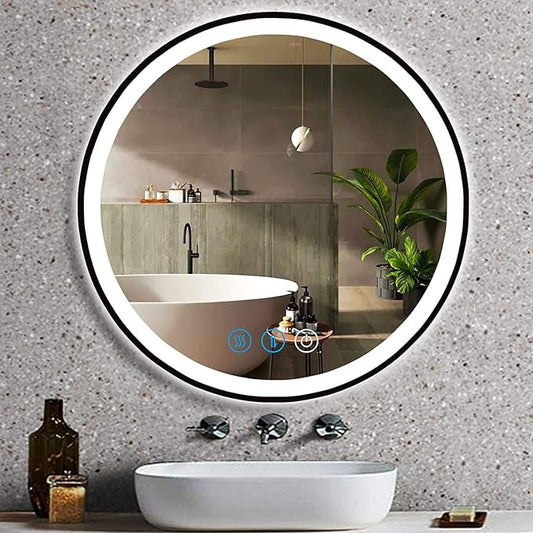 20 Inch Black Round Lighted Vanity Mirror with Lights Black Frame Round LED Mirror for Bathroom Wall 3 Color Adjustable Brightness Anti-Fog 20" Bathroom Black Framed Circle LED Smart Mirrors