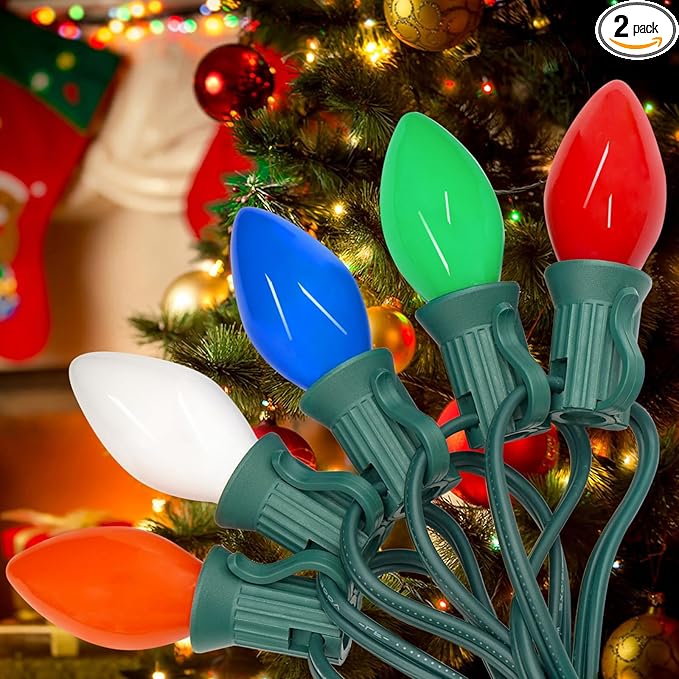 Couah 2 Pack 50 Ft C7 Christmas String Lights, Vintage Christmas Lights with 54 Multicolor C7 Light Bulbs Outdoor C7 Christmas Lights for Christmas Tree Party Backyard Wedding