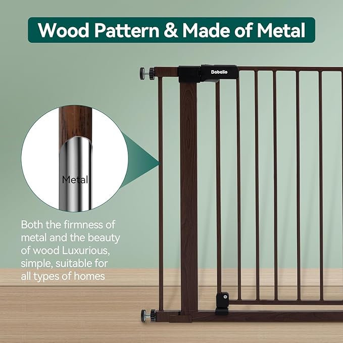 BABELIO 26-40 Inch Easy Install Extra Wide Pressure Mounted Metal Baby Gate, No Drilling, No Tools Required, with Wall Protectors and Extenders (Black Wood Pattern, 30" Tall 26"-40" Wide)