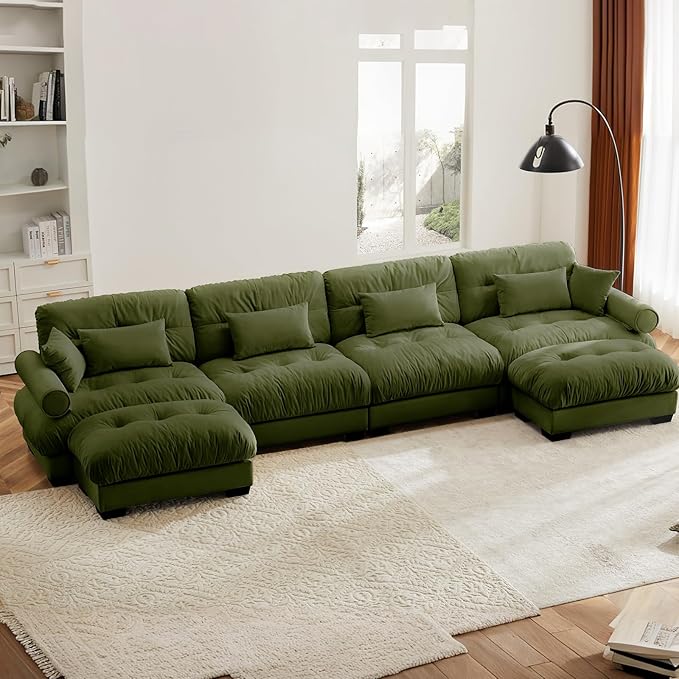 166" Oversized Couch, 4 Seater Modular Sectional Sofa, Olive Large L Shaped Sectional Couches for Living Room, Velvet Cloud Couch with Ottoman, L Shaped