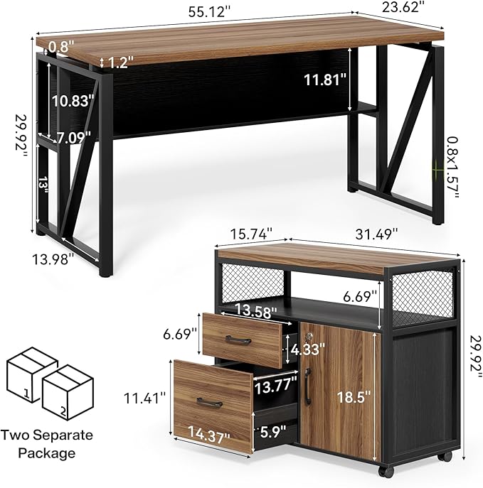LITTLE TREE 55" Executive Computer Desk and Lateral File Cabinet, L-Shaped Office Desk with Storage for Home Office, Study Writing Workstation, Walnut + Black
