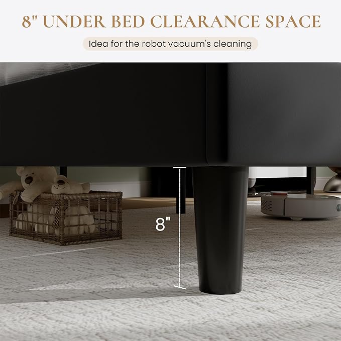 SHA CERLIN King Size Platform Bed Frame with Charging Station, Velvet Wingback Headboard with Storage Shelf, Wooden Slats Support, Ample Under-Bed Space, No Box Spring Needed, Easy Assembly, Black