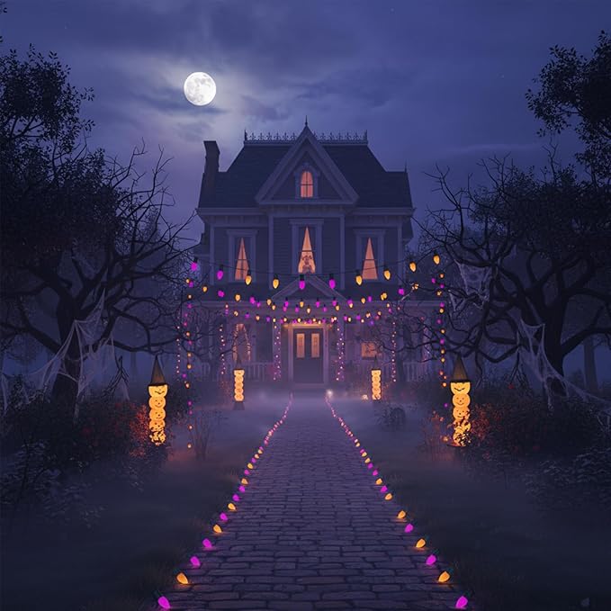 Halloween Purple Orange String Lights Outdoor 25Ft, 25 C7 LED Purple Orange Bulbs with 2 Spare, Connectable Waterproof Patio Porch Yard Fence Pathway Lights for Haunted House Party Decorations