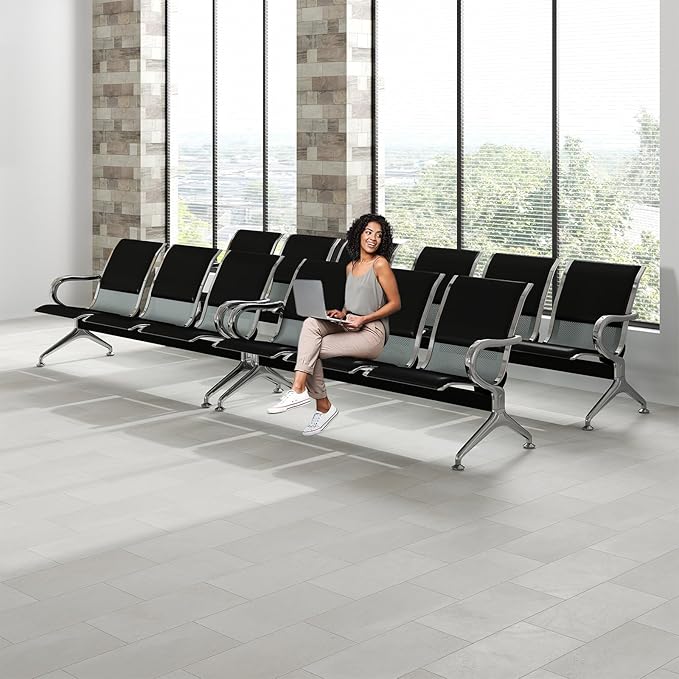 Kinfant 3-Seat Waiting Room Bench Set- PU Leather Office Chair Guest Reception Waiting Room Chair for Airport, Hospital, Bank, Salon, Barbershop, Black(Set of 4)