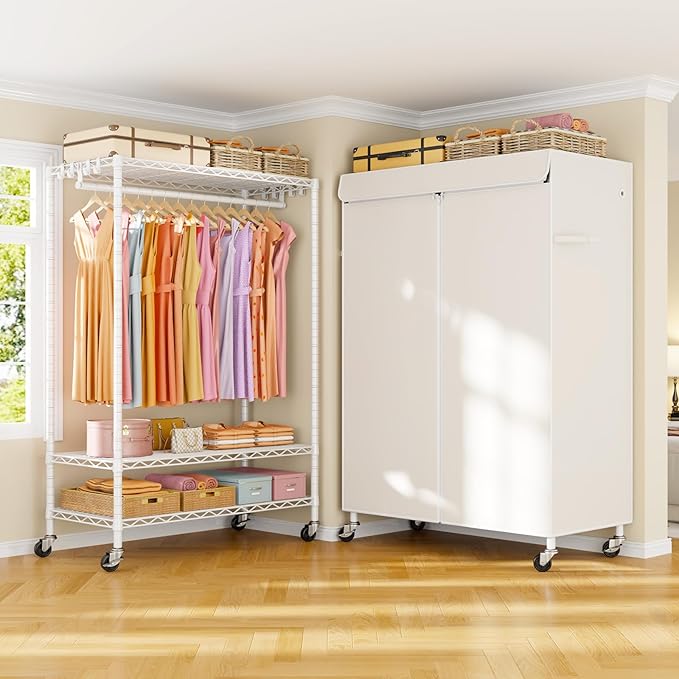 P6C Plus Rolling Clothes Rack with Cover, Covered Clothing Rack Heavy Duty, Portable Closet for Hanging Clothes, Garment Rack on Wheels, White Closet Rack with White Cover, Max Load 375LBS