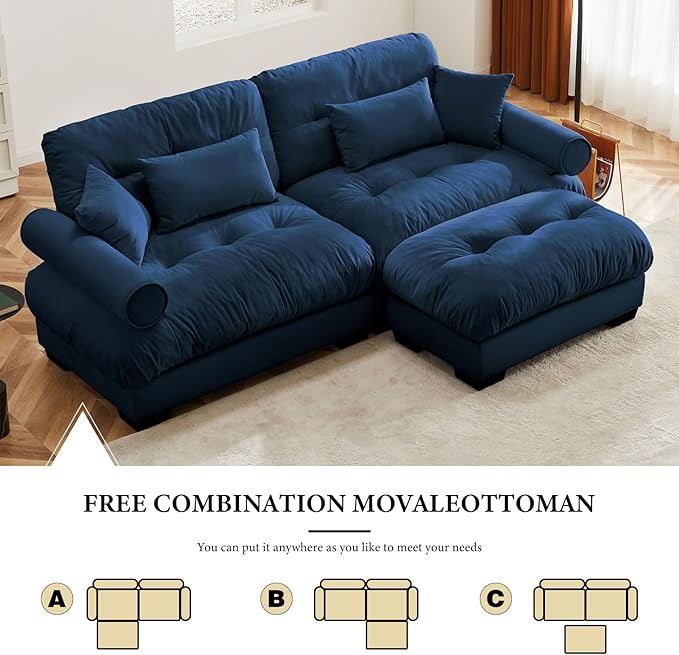 93.7" Loveseat Sofa, 2 Seater Modular Sectional Sofa, Blue Large L Shaped Sectional Couches for Living Room, Fluffy Couch, Love Seat, Velvet Cloud Couch with Ottoman, Deep Seat Sofas for Living Home