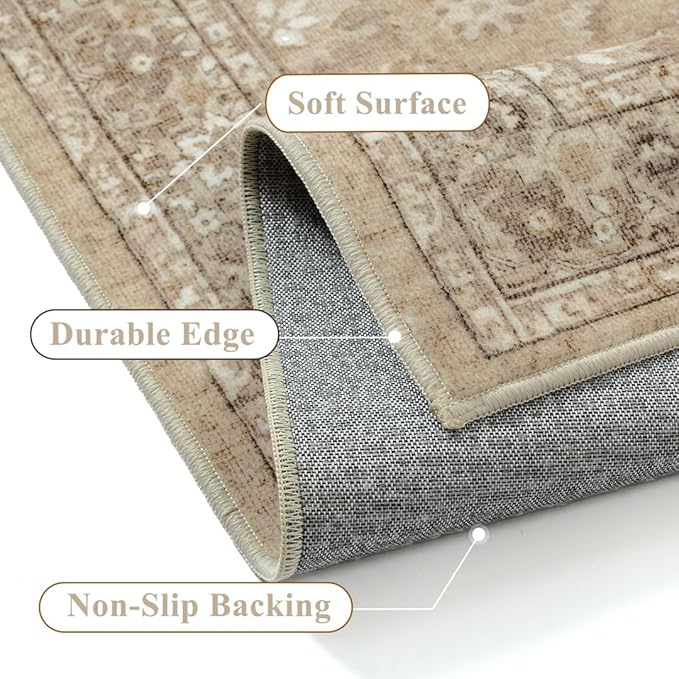 4x6 Brown Area Rug Non Slip Vintage Office Entryway Rug Distressed Machine Washable Kitchen Carpet Retro Traditional Floral Accent Throw Door Mat for Bedroom Bathroom Dining Living Room