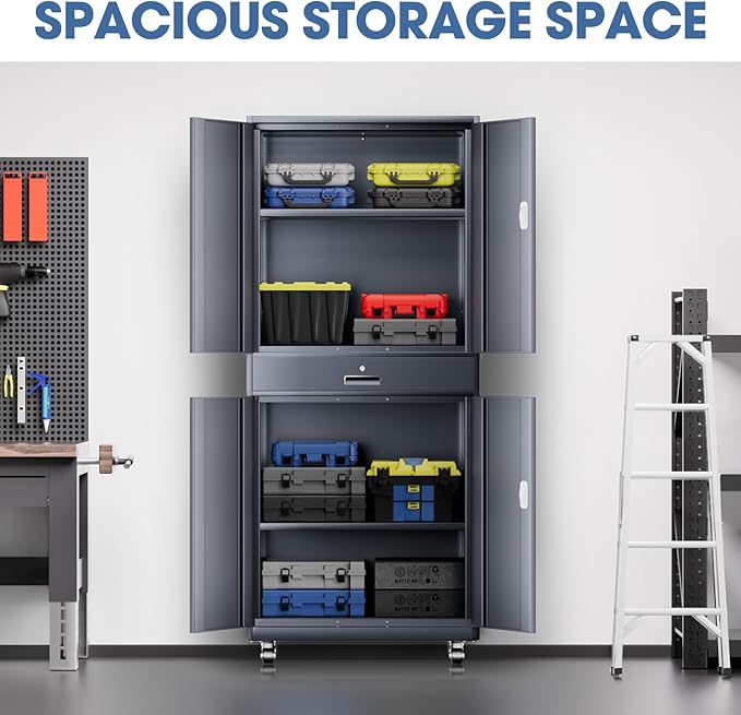 DNA Motoring 73'' Metal Storage Cabinet, Rolling Garage Cabinet with 1 Drawer and Adjustable Shelves, Lockable Heavy Duty Metal Locker for Garage,Office,Home,Gym, Gray, TOOLS-00630-GY-GY-A