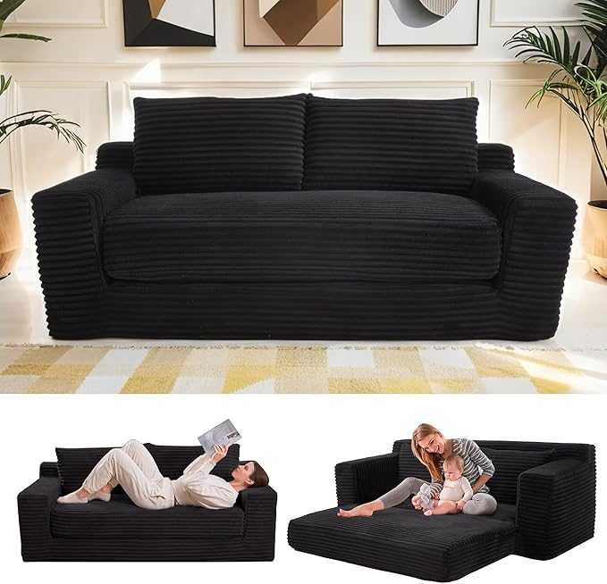 Fefances Loveseat Sofa Bed Boneless Couch, Convertible 2-in-1 Design, Corduroy Fabric - Compact Memory Foam Couch for Small Spaces, Apartments, Home Office & Bedroom (Black)