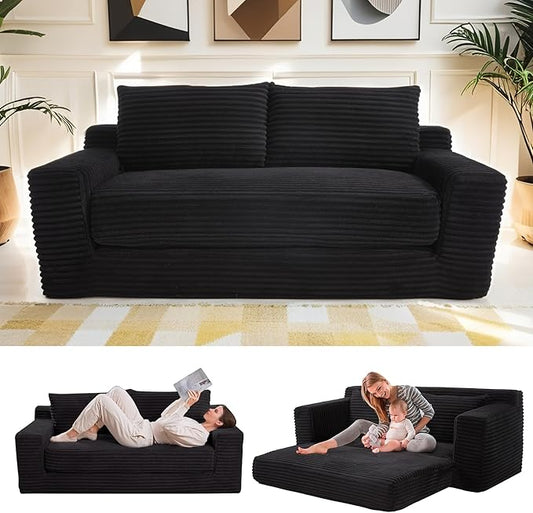 Fefances Loveseat Sofa Bed Boneless Couch, Convertible 2-in-1 Design, Corduroy Fabric - Compact Memory Foam Couch for Small Spaces, Apartments, Home Office & Bedroom (Black)